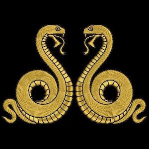 May include: Two gold-colored snakes facing each other with their tails intertwined. The snakes are curled into a figure eight shape.