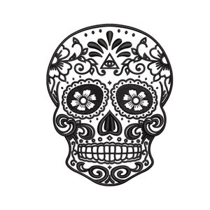 May include: Black and white sugar skull with intricate floral designs and a triangle with an eye in the center.