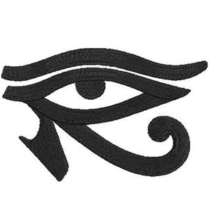 May include: Black and white embroidered patch of the Eye of Horus, an ancient Egyptian symbol of protection and good health.