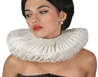 Victorian Neck Ruff , Historical Elizabethan Ruff with Lace and pearls, Renaissance Cosplay Costume , Pierrot Clown Ruff , Tudor Collar