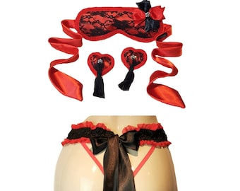 Ensemble sexy de 3 pièces en dentelle pour masque, pompon sur le téton, culotte à nouer sur le côté, costume de nuit burlesque espiègle, costume burlesque, ensemble de lingerie