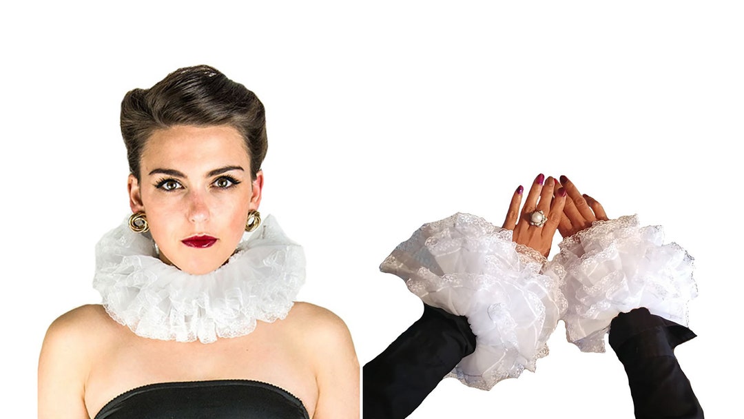Elizabethan Neck Ruff Collar , Wrist Cuffs Set, Wrist Ruff Ruffled Lace