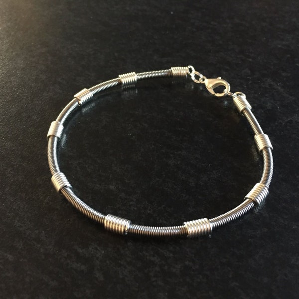 Recycled Bass Guitar String Bracelet - Silver Fortress