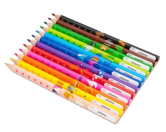 Crayons de couleur avec noms - Pelikan Dreikant Combino - 12 pièces - crayons de couleur avec gravure - cadeau pour l'inscription à l'école