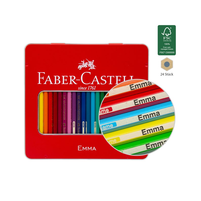 May include: A red tin box containing 24 coloured pencils, each labelled with the name "Emma". The box is branded "Faber-Castell since 1761" and features a small FSC logo in the top right corner.