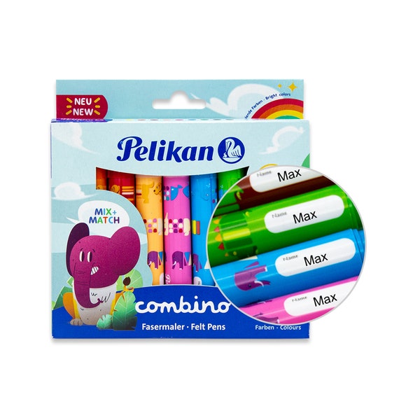 Filzstift mit Namen - Pelikan Combino Fasermaler - 9 Stück - leuchtend bunte Farben - Geschenk zur Einschulung