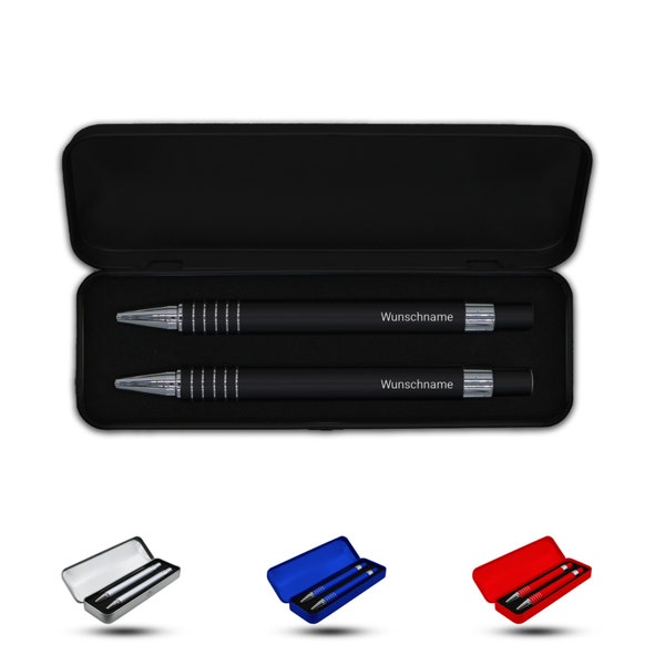 Writing set with name: Ballpoint pen & pencil in gift box - black, silver, blue, red