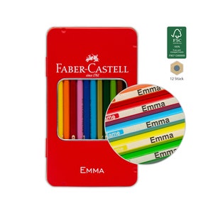 May include: A red metal tin containing a set of 12 coloured pencils. The tin features the words "FABER-CASTELL since 1761" on the front. The pencils are labelled with the name "Emma".