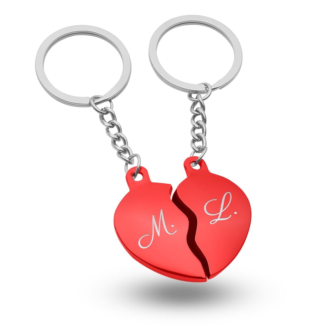 Heart Keychain With Name Letter Initials Broken Heart