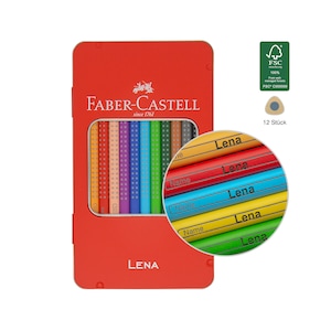 Kleurpotloden met naam - Faber Castell met grip in rode doos - 12 / 24 / 36 / 48 stuks - kleurpotloden met gravure - cadeau voor beginnende school