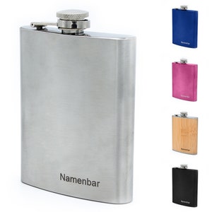 Hip flask with name engraving - made of high-quality stainless steel in different colors (silver, wood, blue, black, pink, red, green and more)