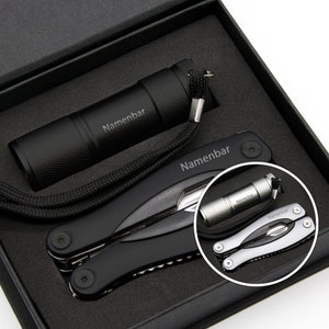 Multitool + lampe de poche avec gravure - cadeau personnel - 9 pièces avec 12 fonctions
