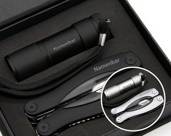 Multitool + flashlight with engraving - personal gift - 9 pieces with 12 functions