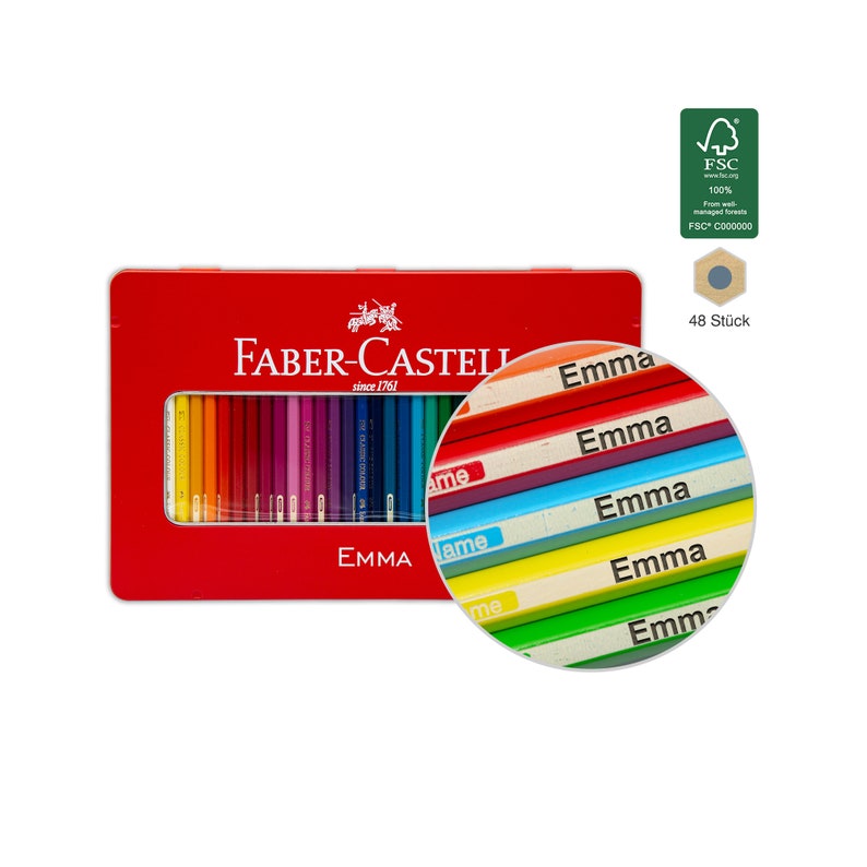 May include: A red metal tin box containing a rainbow of coloured pencils. The pencils are labelled with the name "Emma". The box features the Faber-Castell logo and the text "since 1761". The box also has a label that says "48 St&uuml;ck".