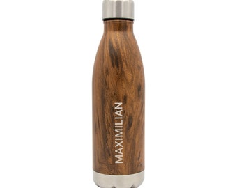 Edelstahl Trinkflasche mit Namen graviert - 500ml isolierte Thermosflasche individuell beschriftet (Holz Optik)