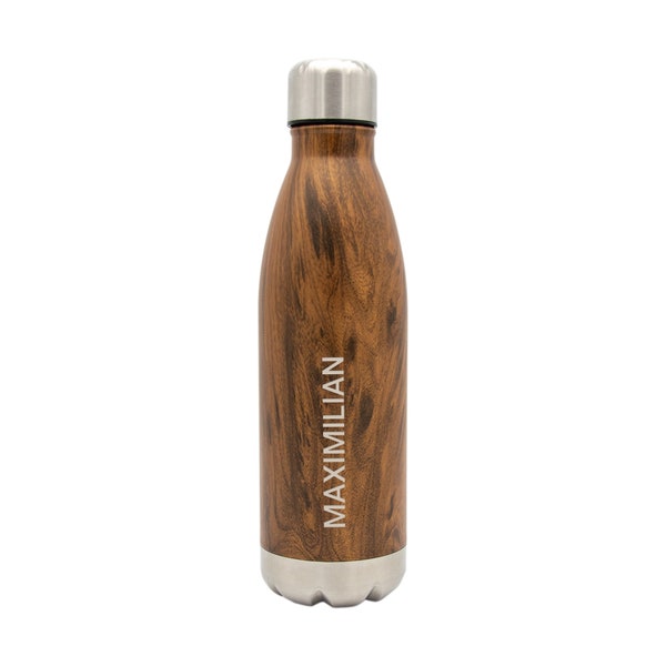 Edelstahl Trinkflasche mit Namen graviert - 500ml isolierte Thermosflasche individuell beschriftet (Holz Optik)
