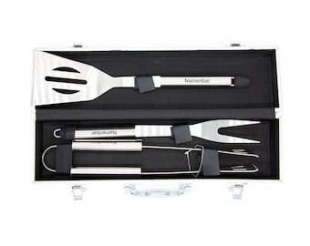 Grill BBQ set engraved with name - 3 pieces - with storage case
