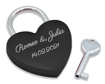 Heart love lock engraved with name, date and motif (large selection of motifs) - BLACK