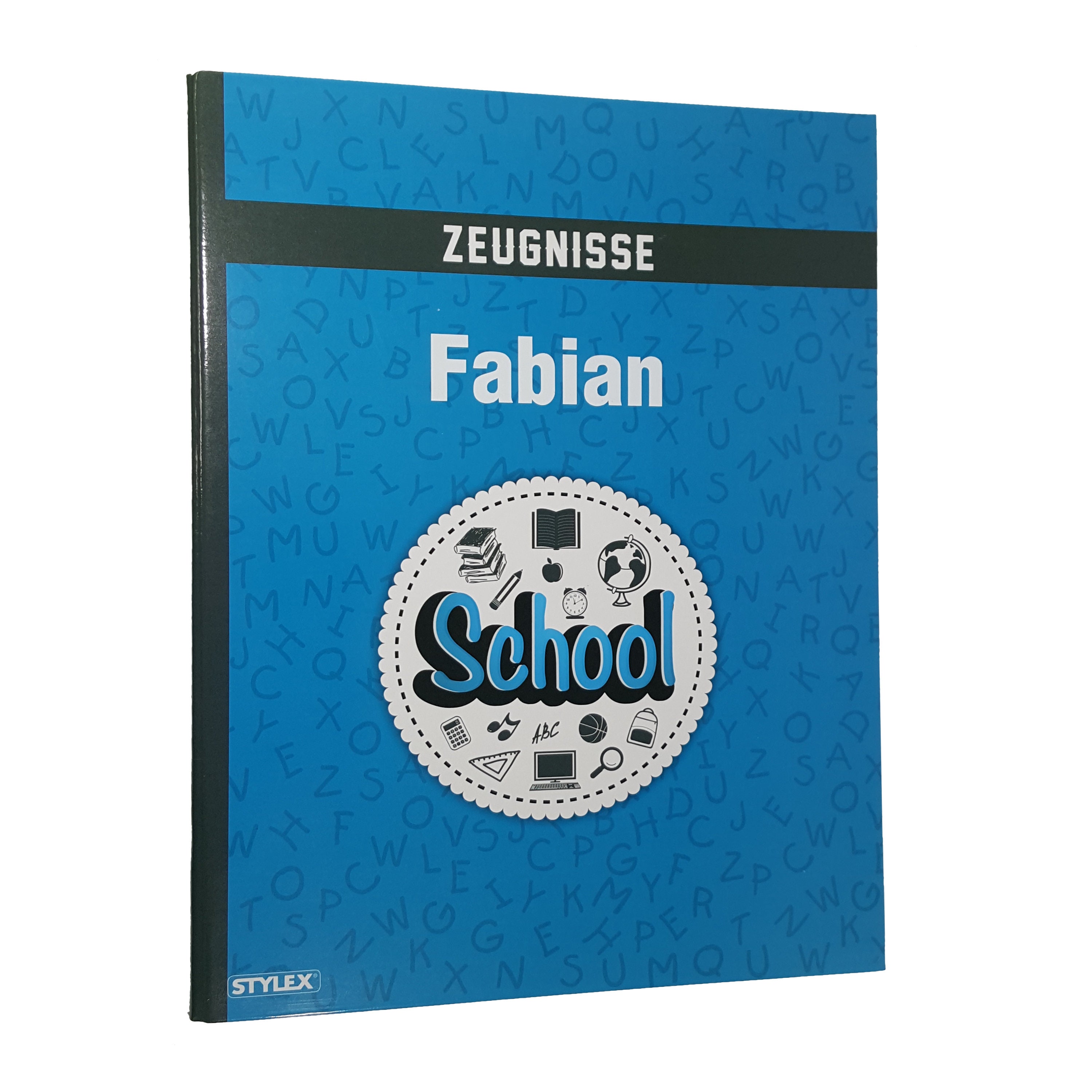 Zeugnismappe Mit Schulbus-Motiv & Individuellem Namen – Grau/gelb, 20 Klarsichtfolien