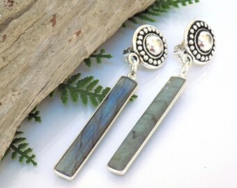 Labradorite Gemstone Jewelry Artisan Made Gift for Her Bar Dangle Clip on Earrings 2.75 Inch