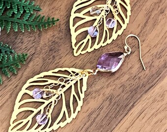 Gold Metal Leaf Earrings, Handmade long dangle earrings with purple glass and real Ametrine stones. One of a kind statement earrings.