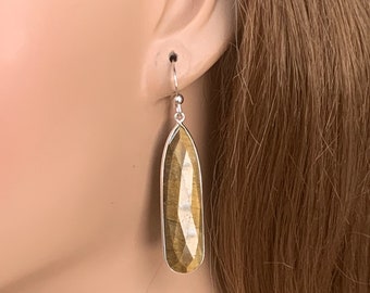 Tigers Eye Pear Shaped Bar Dangle Earrings for Women, Long lightweight faceted brown stone silver bezel set pierced earrings.