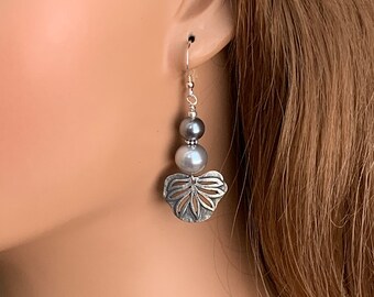 Tropical Leaf Earrings Silver, Handmade short lightweight dangle earrings with silver and gray glass pearls and floral pewter charms, OOAK.