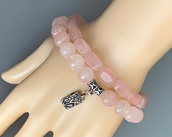 Rose Quartz Stretch Bracelet Set for Women, Two mismatched pink real gemstone stretchy bracelets, one with silver floral charm, 8 inch.