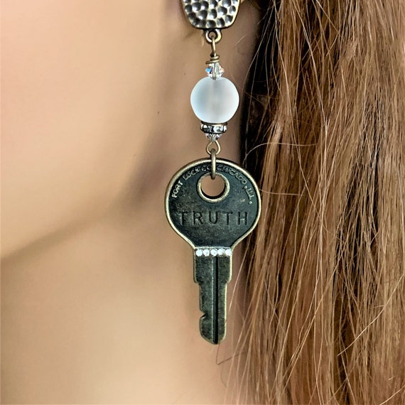 Handmade Brass Key Clip on Earrings for Women Rhinestone Etsy