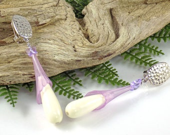 Handmade Purple Acrylic Clip on Earrings for Women, Long Unpierced Lavender Comfy Silver Crystal Lucite Dangle Resin White Drop
