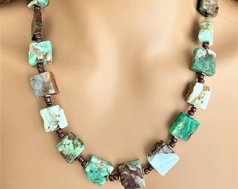 Opal Statement Necklace Handmade, Short one of a kind rough cut Peruvian opal gemstone single strand with bronze toggle clasp.