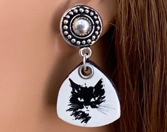 Ceramic Black Cat Clip on Earrings for Women, Short handmade one of a kind artisan clay black and white dangle earrings for unpierced ears.