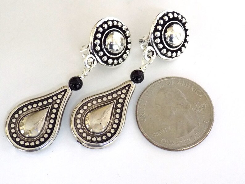 Silver Teardrop Clip on Earrings Dangle 2 Inch Black Onyx Etsy