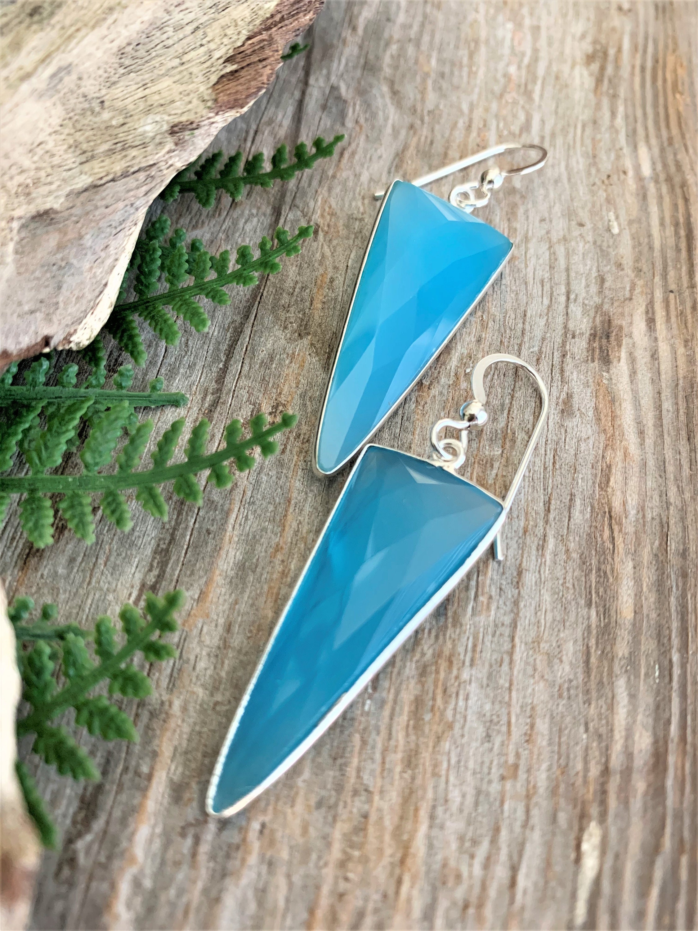Short Blue Stone Drop Earrings with Sterling Silver Ear Wires Triangle Simple Blue Chalcedony Gemstone Dangle Earrings for Women