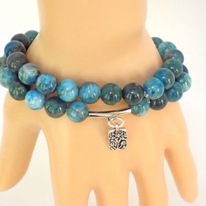 Handmade Apatite Gemstone Bracelet with Silver Floral Charm – Blue Stacked Gemstone Jewelry Gift for Her