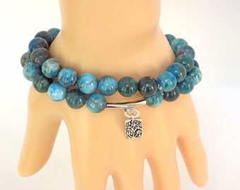 Apatite Stretch Bracelet Set for Women, Two handmade blue gemstone stretchy bracelets with real stones and a silver floral charm.