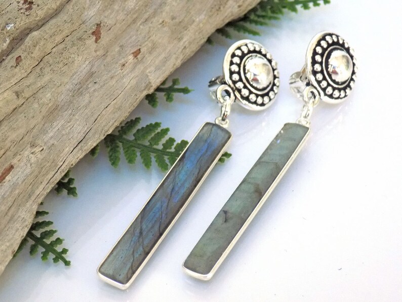 Labradorite Gemstone Jewelry Artisan Made Gift for Her Bar Dangle Clip on Earrings 2.75 Inch