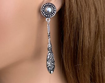 Long Ornate Silver Clip on Earrings for Women, Handmade lightweight slender fancy antique silverplate clip on earrings for unpierced ears.