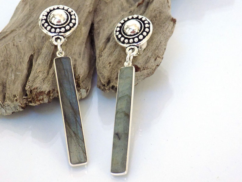 Labradorite Gemstone Jewelry Artisan Made Gift for Her Bar Dangle Clip on Earrings 2.75 Inch