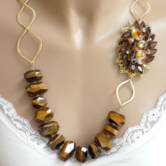 Mixed Gemstone Statement Necklace Bold Multicolor Stone Chain Necklace Long Big And Chunky Stone And Gold Link Necklace Chain