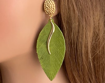 Lime Green Leather Clip on Earrings for Adults, Long and lightweight handmade leather feather earrings for unpierced ears, goldtone.