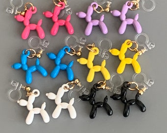 Petite Balloon Dog Invisible Clip on Earrings for Children, Very small hard plastic balloon animal earrings for unpierced ears.