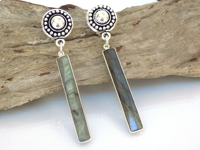 Labradorite Gemstone Jewelry Artisan Made Gift for Her Bar Dangle Clip on Earrings 2.75 Inch