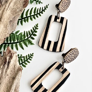Wood and Acrylic Clip on Earrings for Women, Handmade long lightweight black and white wooden rectangle hoop unpierced earrings, bronze clip