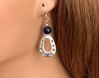 Blue Goldstone Earrings Handmade, Small puffed teardrop hoops with heart cutouts and 8 mm dark blue real gemstone beads on silver ear wires.