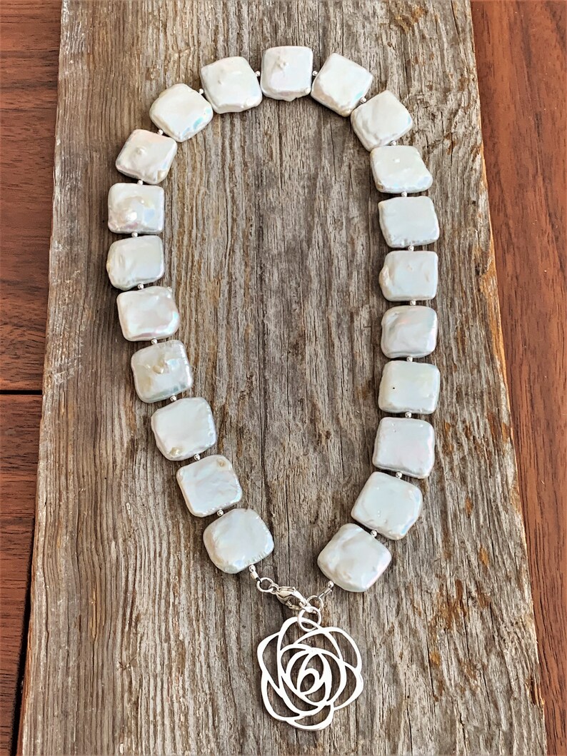 Short White Square Pearl Necklace With Sterling Silver Flower Etsy