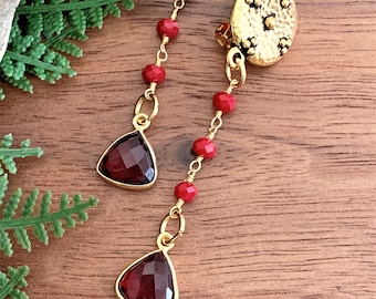 Gemstone Clip on Earrings for Women, Unpierced Earrings, Handmade long gold and red garnet beaded chain dangle earrings.  Comfortable lite