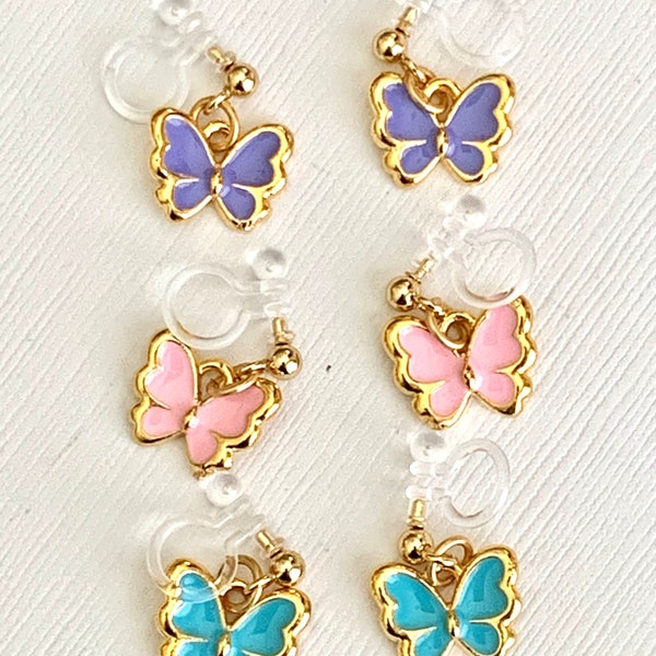 Petite Enamel Butterfly Invisible Clip on Earrings for Children, Small Gold Enameled Kids Unpierced Earrings, Lightweight comfy earrings.