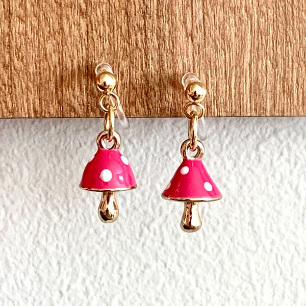 Pink Mushroom Earrings Kids, Tiny invisible clip on earrings gold and bright pink polka dot metal mushrooms non pierced for children, comfy.