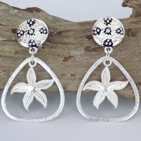 Silver Starfish Clip on Earrings for Women, Handmade short fat teardrop hoop unpierced earrings are comfortable and lightweight.